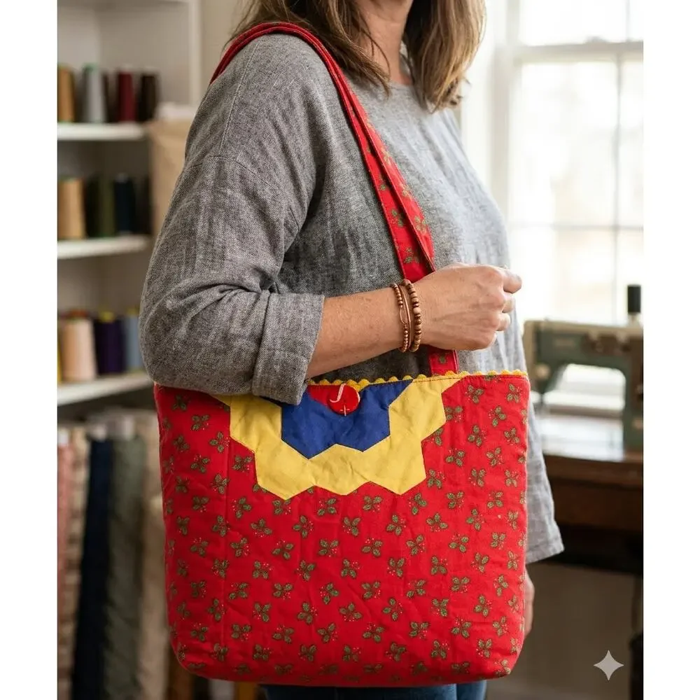 Handmade Red Tote Bag Colorful Christmas Patchwork Shoulder Bag Festive Work Bag